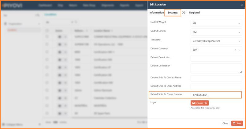 Edit Location dialog on the Settings tab with the Default Ship To Phone Number field highlighted