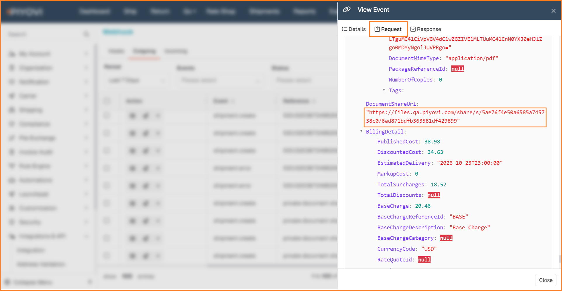 Webhook View Event panel on the Request tab, with the DocumentShareUrl value highlighted in the payload