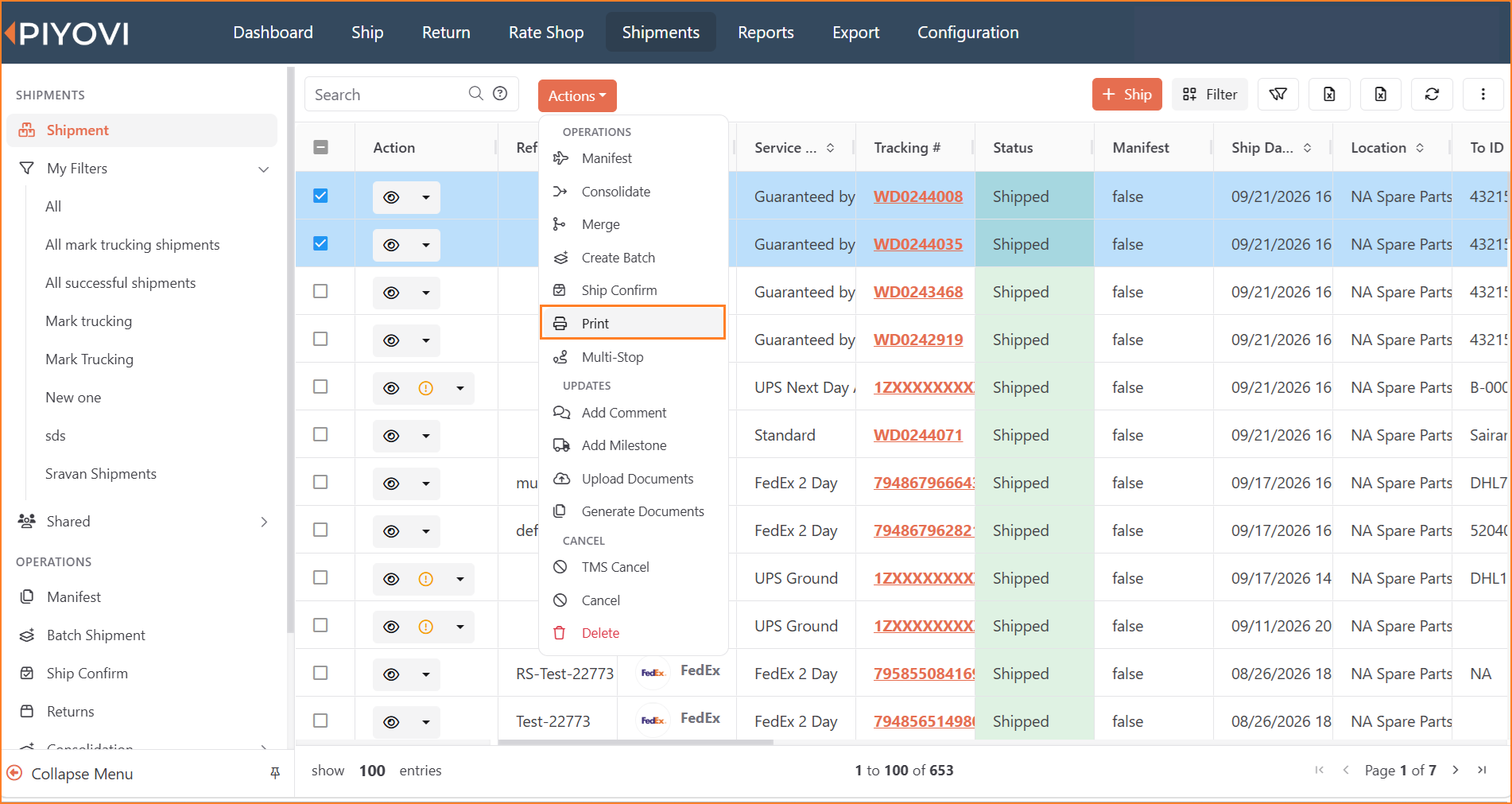 Shipments list with two shipments selected and Print highlighted in the Actions menu