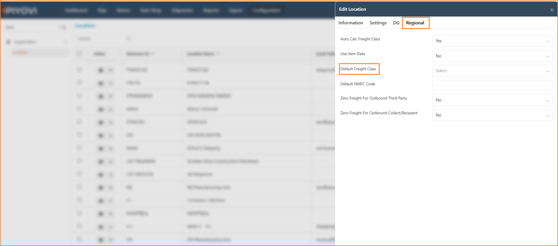 Edit Location dialog on the Regional tab with the Default Freight Class field highlighted