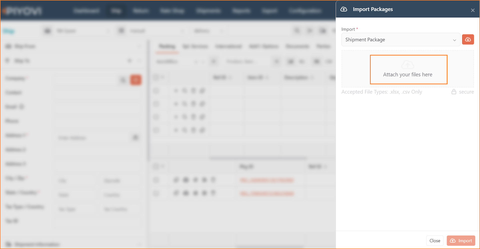 Import Packages panel with the Attach your files here area highlighted, accepting .xlsx and .csv files