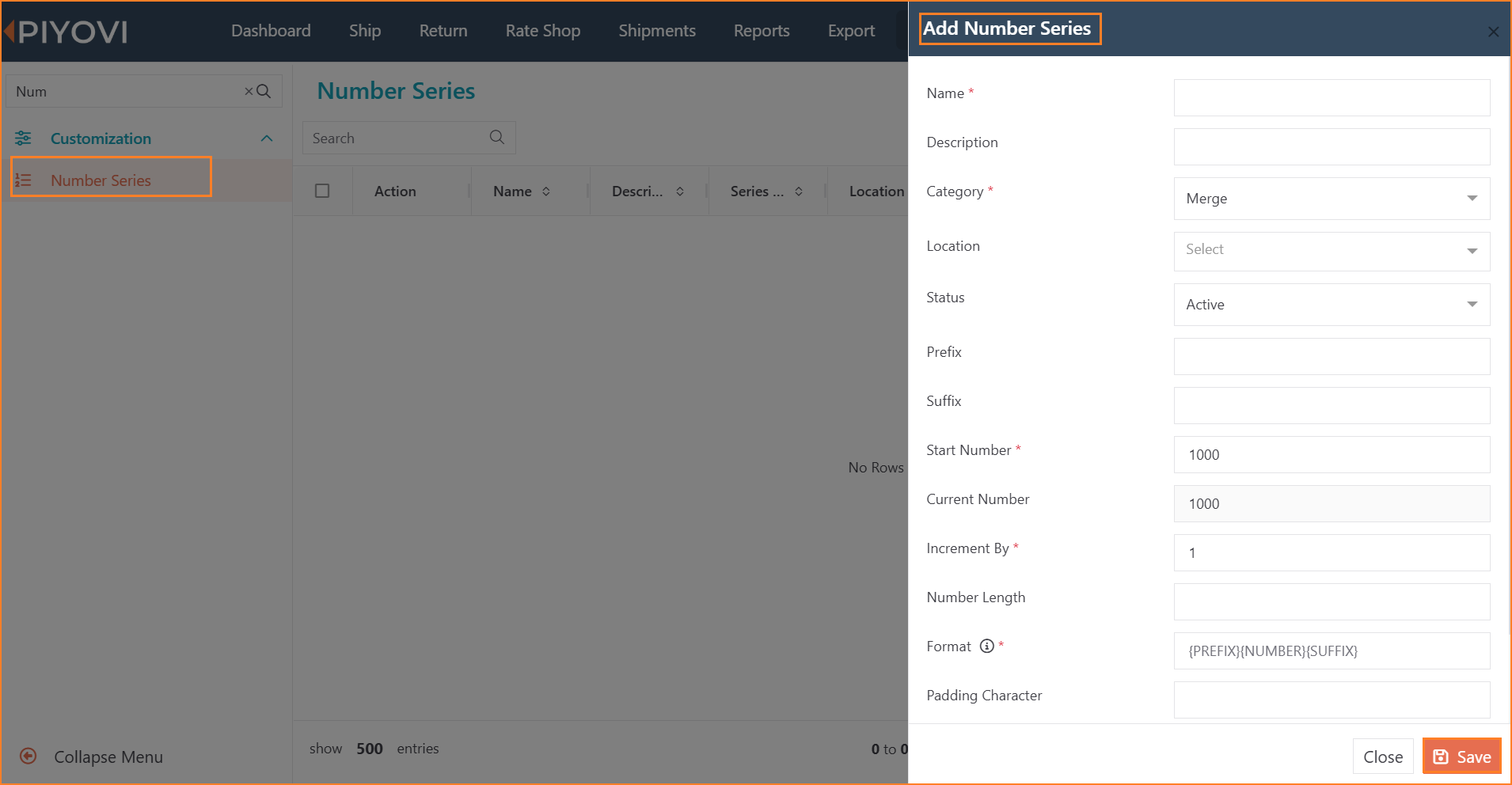 Add Number Series panel with Name, Category, Prefix, Suffix, Start Number, and related format fields