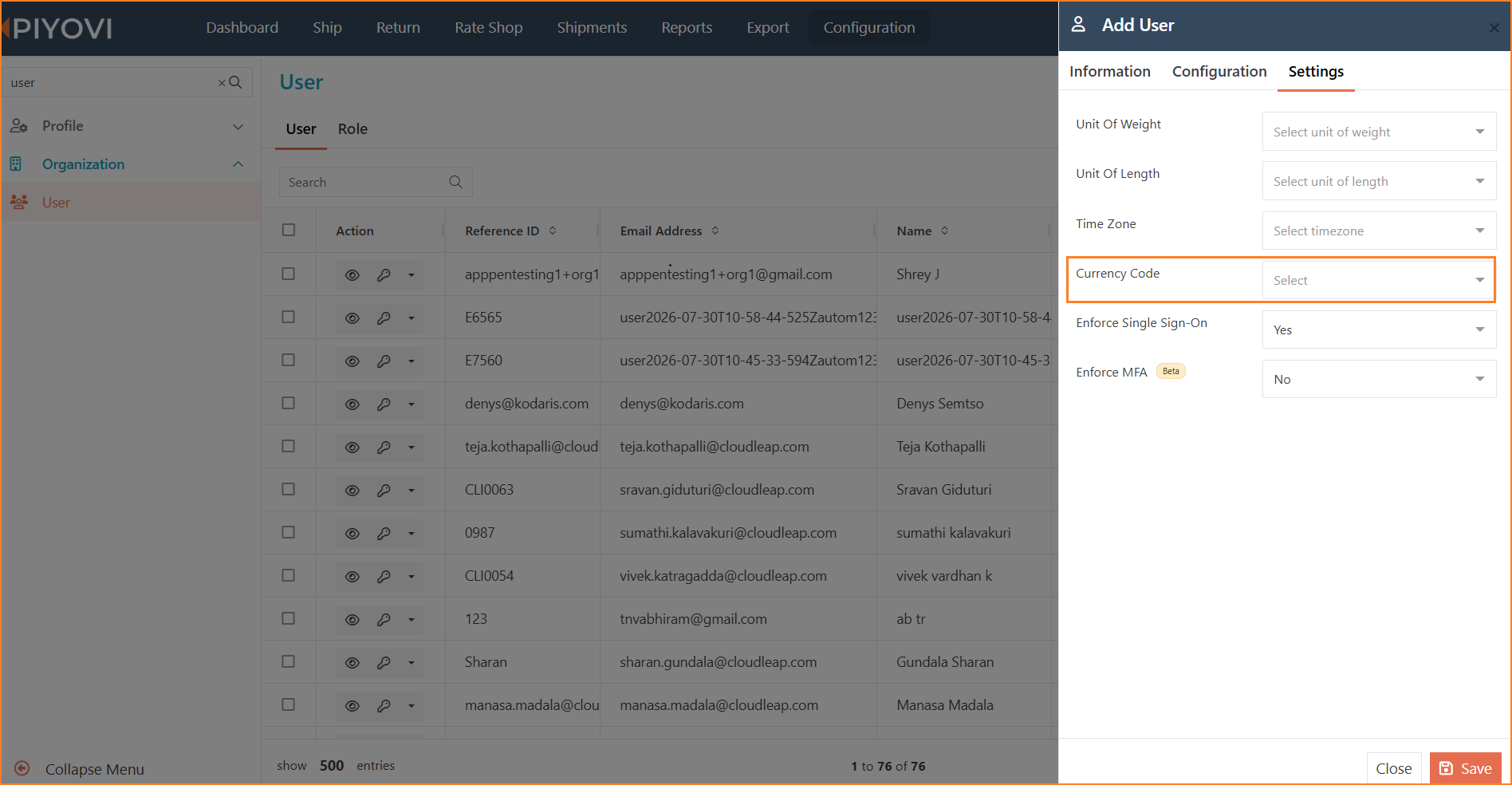 Edit User Settings tab with Currency Code field highlighted
