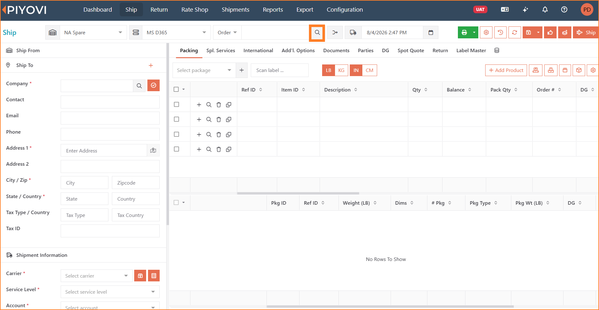Ship screen Search icon used to open the Select Shipment dialog for Merge