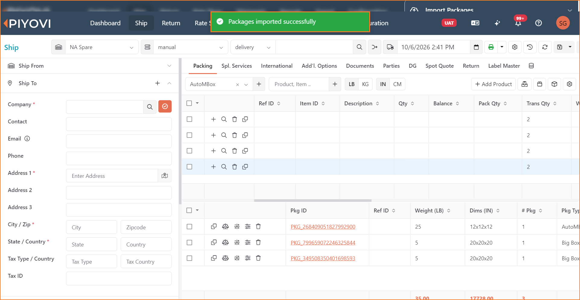 Ship screen showing the Packages imported successfully message and three imported packages in the package grid
