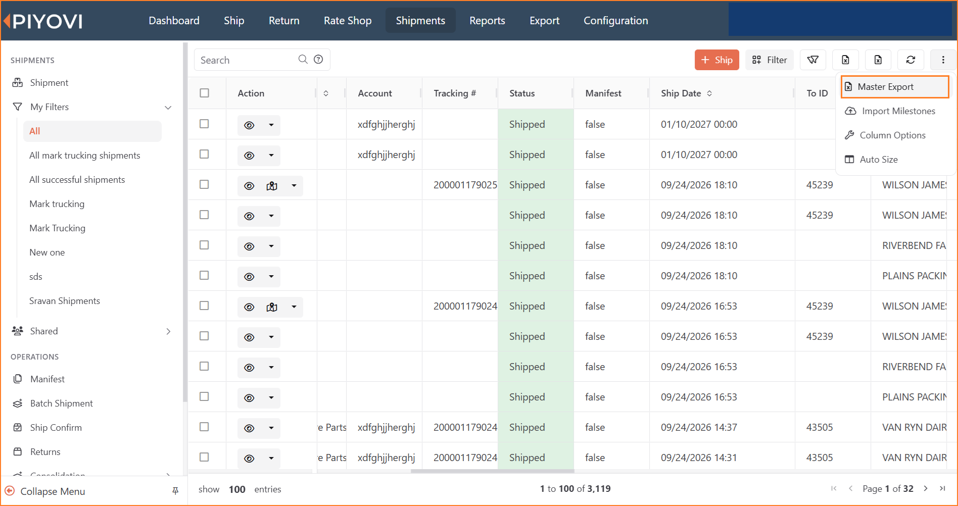 Shipments list with the toolbar's three-dot menu open and Master Export highlighted