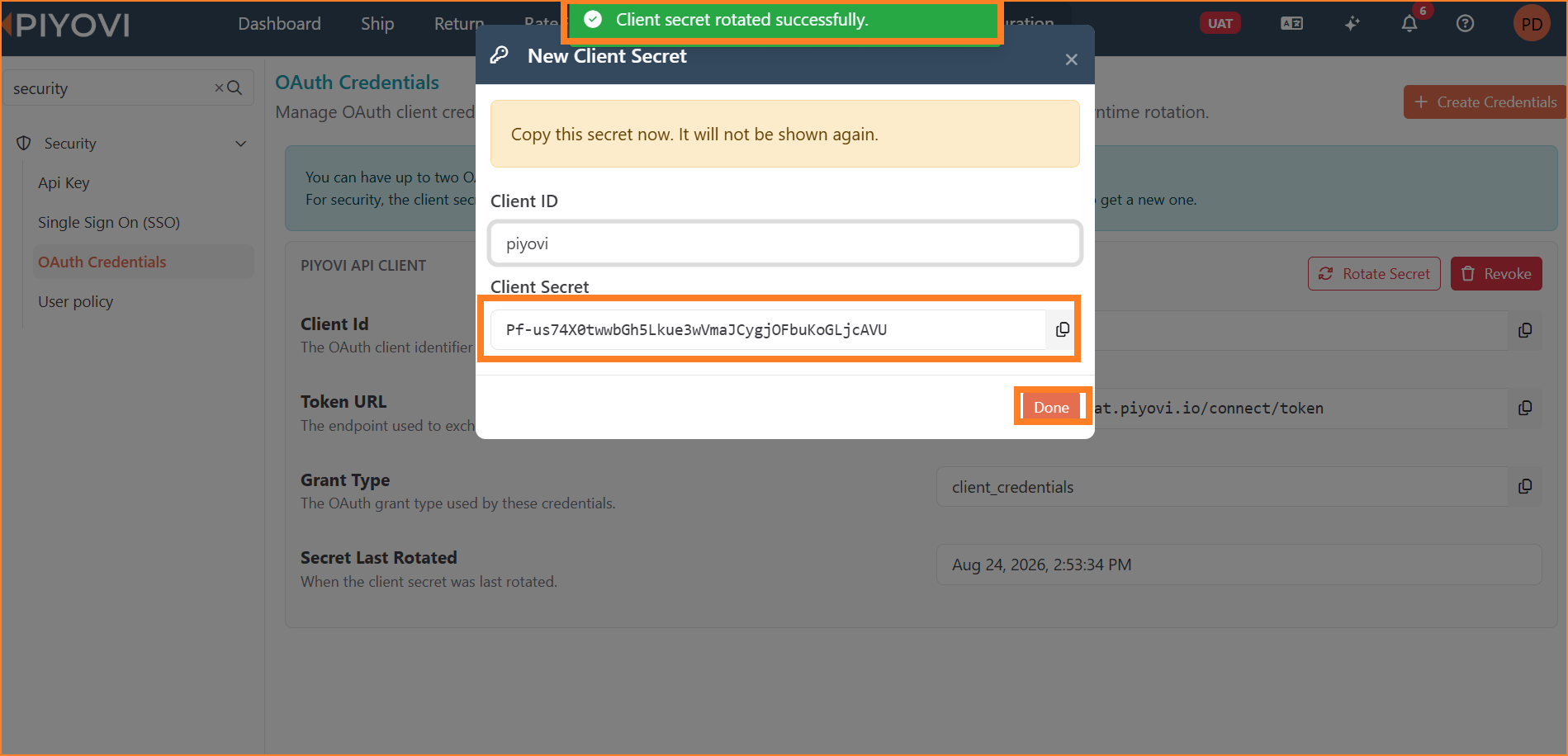 Rotate success confirmation with newly generated Client Secret.png