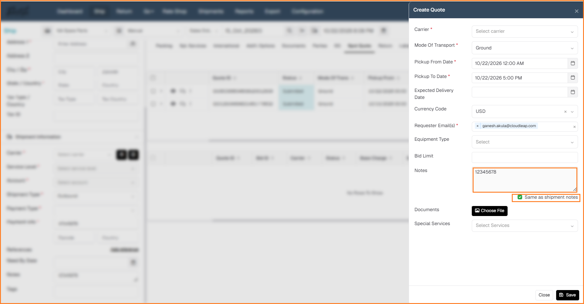 Create Quote window with the Notes field filled from the shipment and the Same as shipment notes checkbox selected, both highlighted