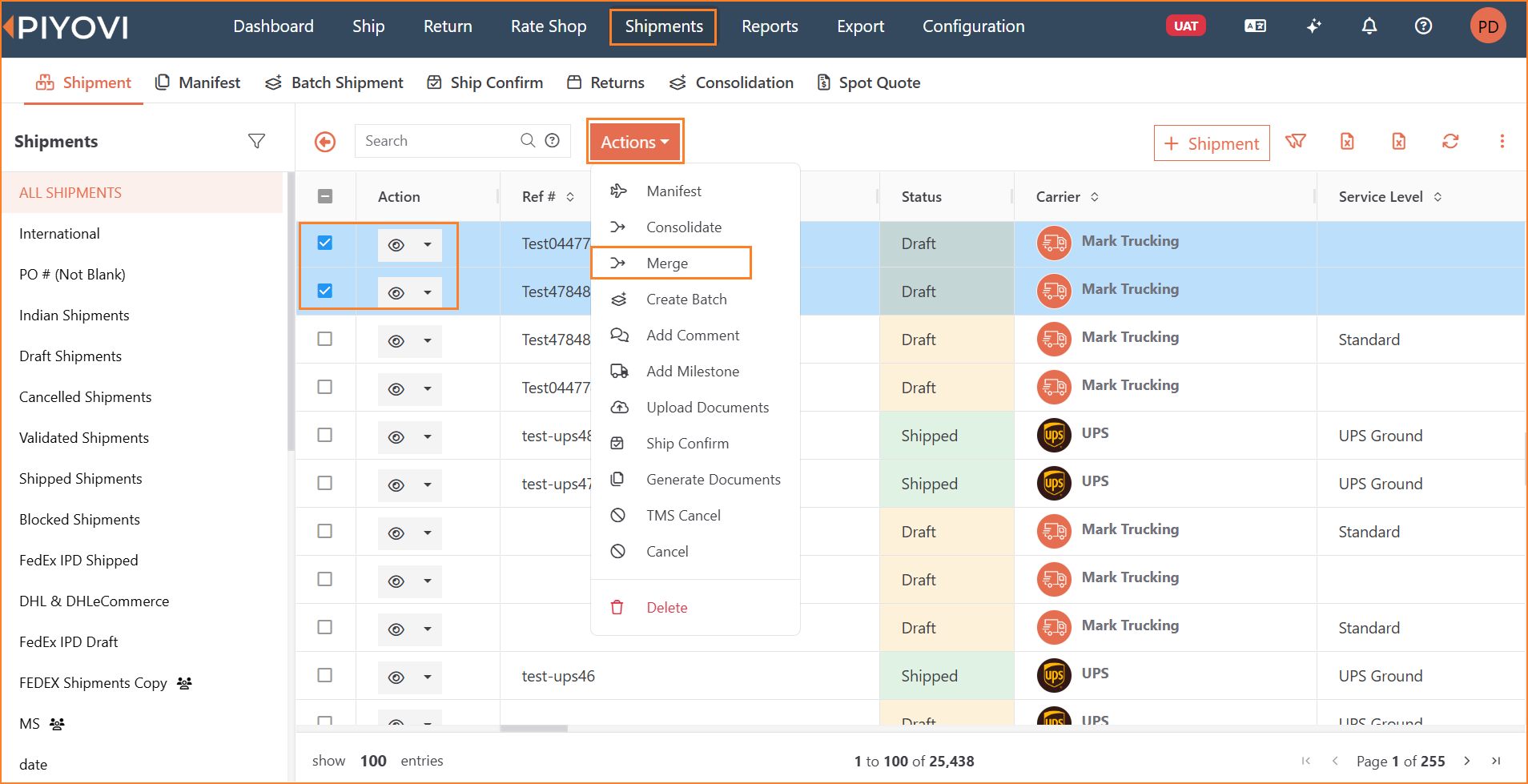 Shipments report with two Draft shipments selected and Actions menu showing Merge