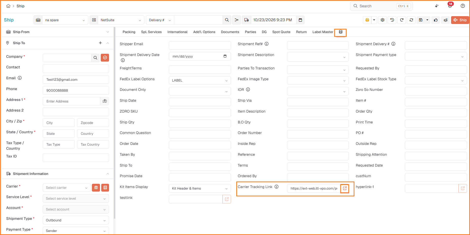 Ship screen Attributes tab with a hyperlink attribute value and its Open in New Tab icon highlighted
