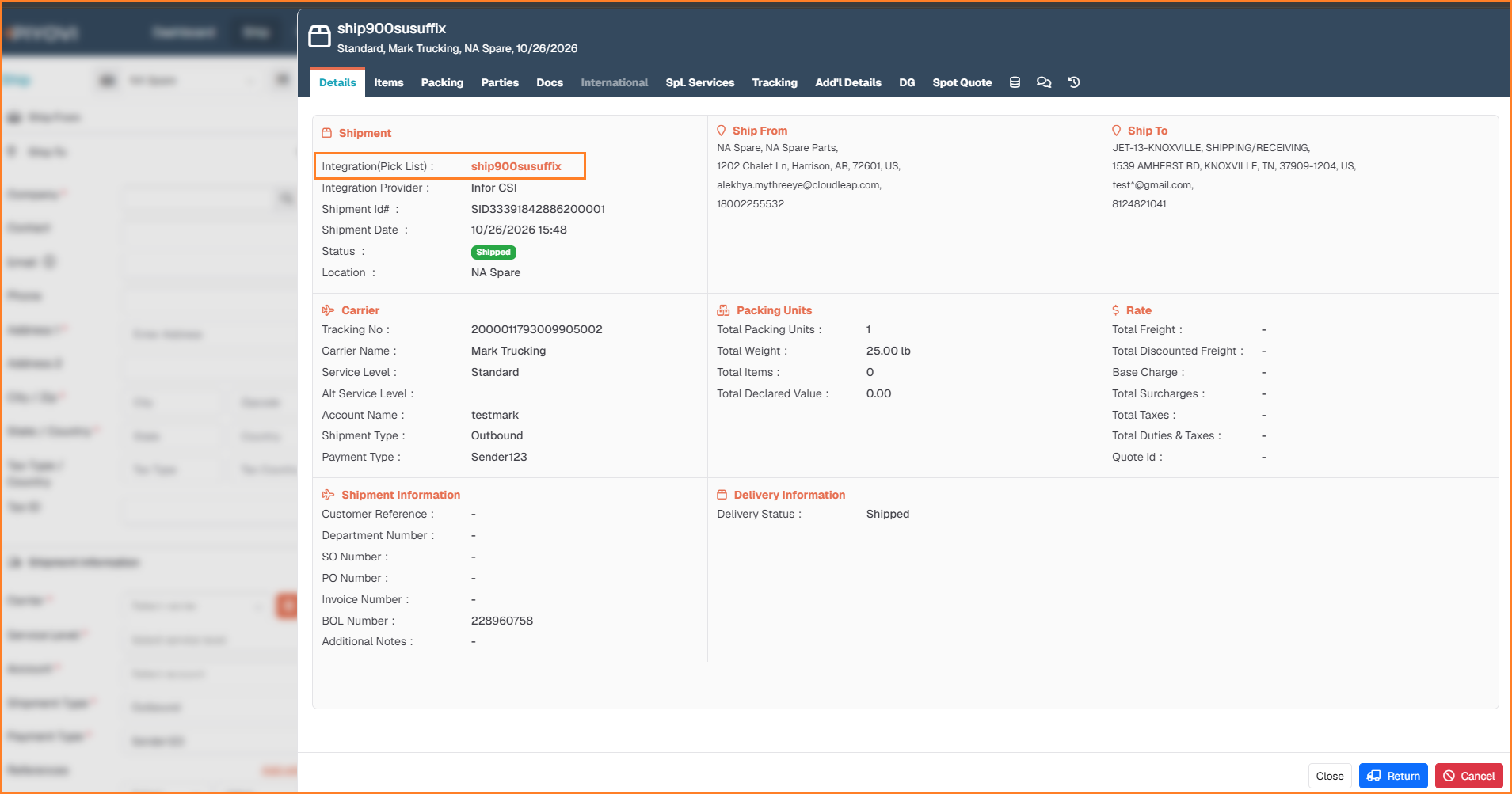 Shipment details panel with the generated number from the series highlighted in the Shipment section