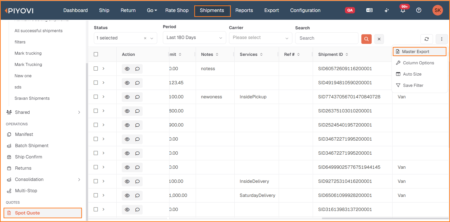 Spot Quote list with Shipments and Spot Quote highlighted in the menu and the three-dot menu open showing Master Export
