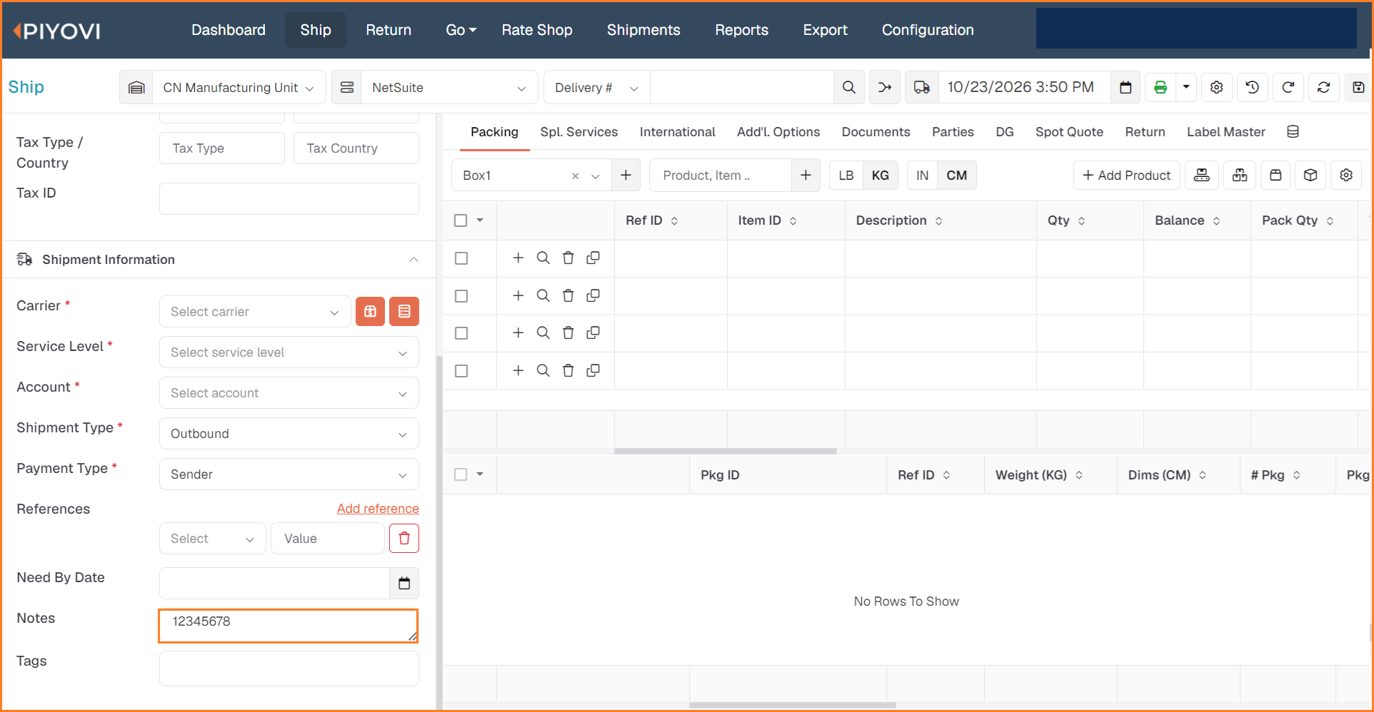 Ship screen with the Notes field in the Shipment Information section highlighted, containing a sample note