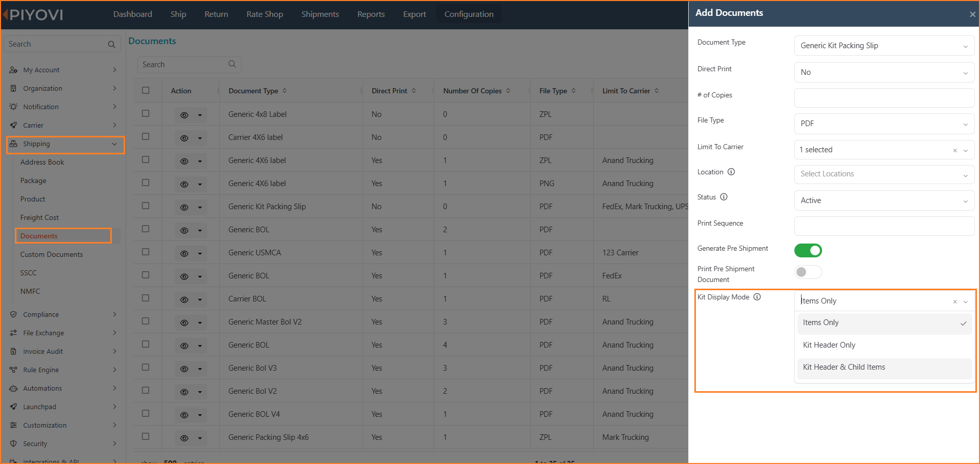 Screenshot of the Documents configuration screen listing shipment documents, with the Kit Display Mode dropdown open showing the Items Only, Kit Header Only, and Kit Header and Child Items options