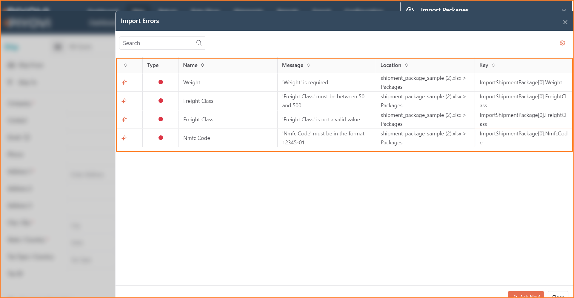 Import Errors window listing Weight, Freight Class, and Nmfc Code validation errors with their messages, file location, and row key