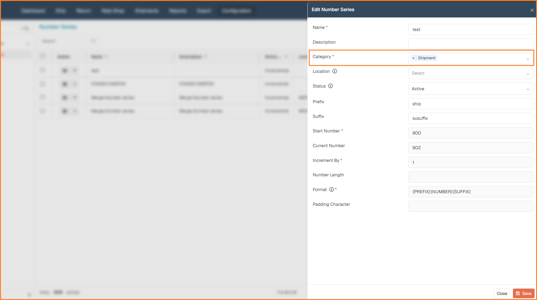 Edit Number Series panel with the Category field highlighted and set to Shipment, alongside Prefix, Suffix, Start Number, and Increment By