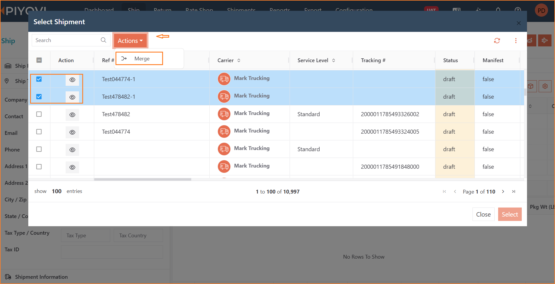 Select Shipment dialog with two Draft shipments selected and Actions Merge available
