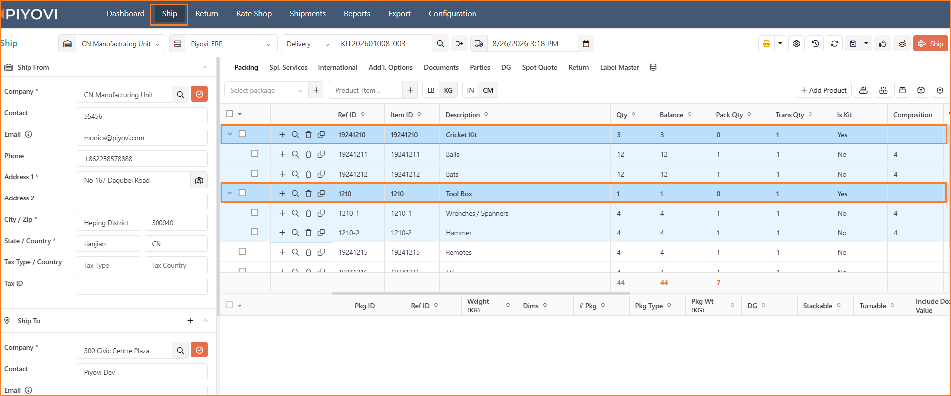 Screenshot of the Packing screen item grid with two expanded kit lines, Cricket Kit and Tool Box, showing their indented component rows in a lighter blue beneath each bold blue kit line, followed by standalone items
