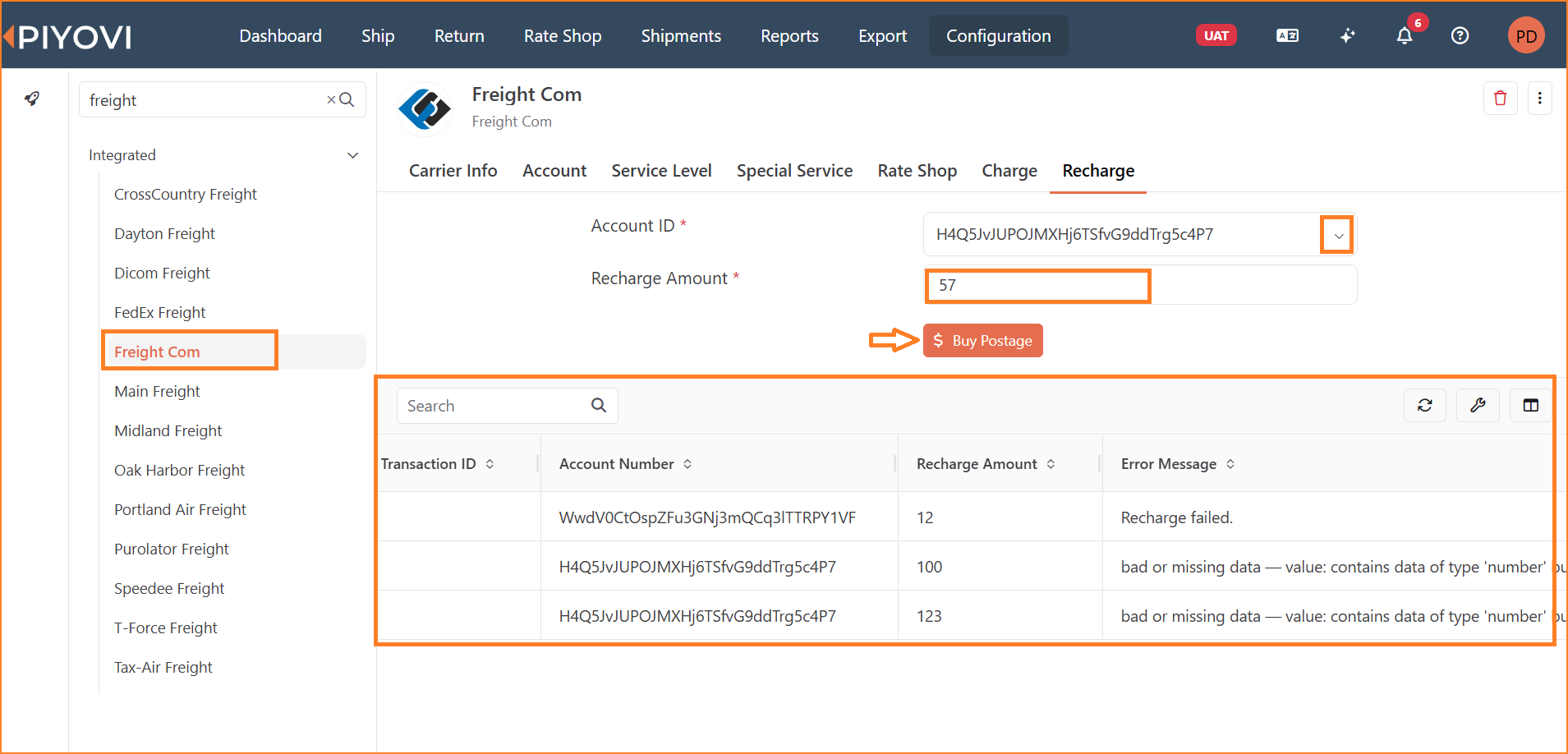 Freight Com Recharge tab with Account ID, Recharge Amount, and transaction log.png