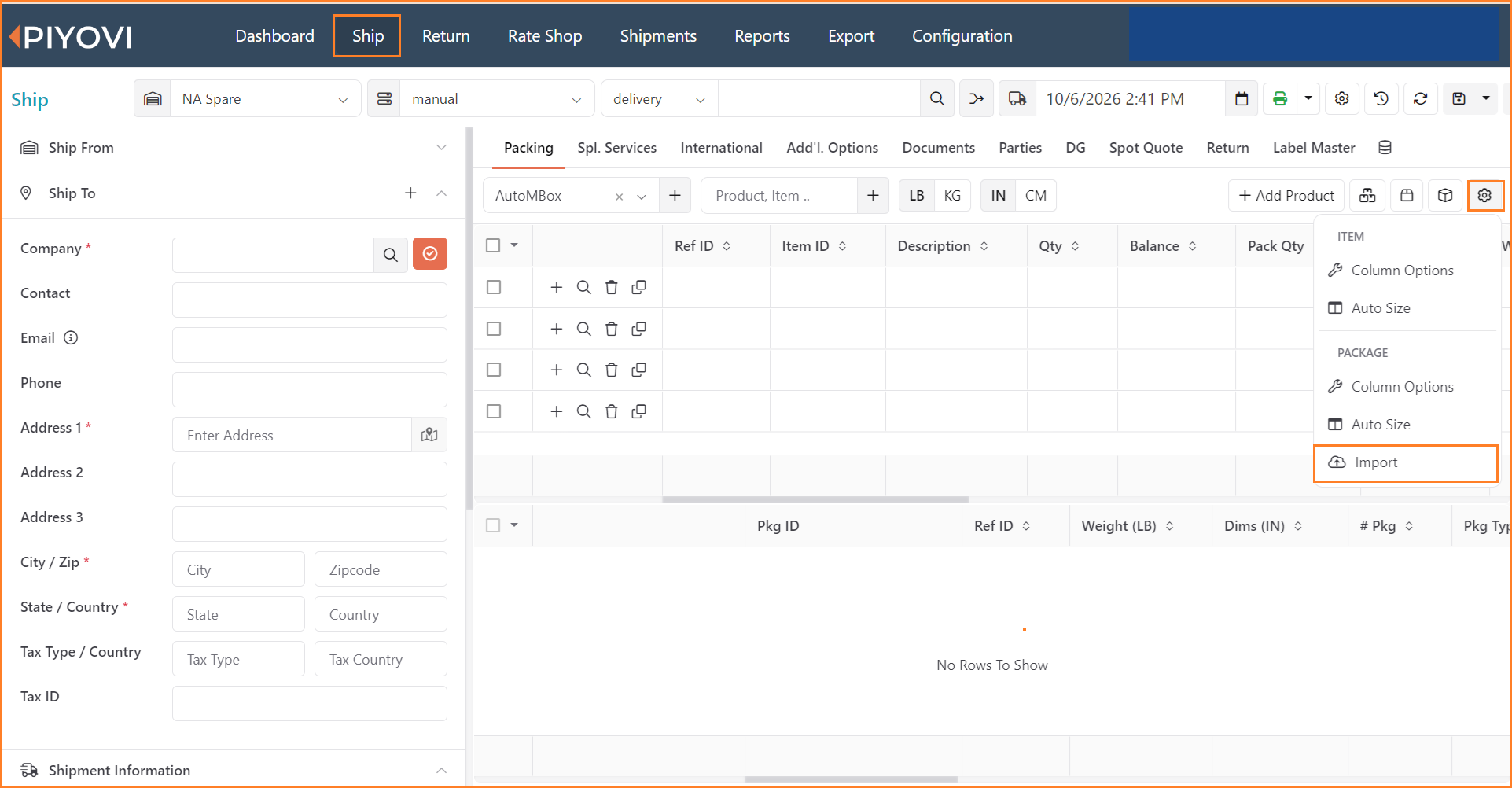Ship screen Packing tab with the packing grid settings menu open and Import highlighted under Package