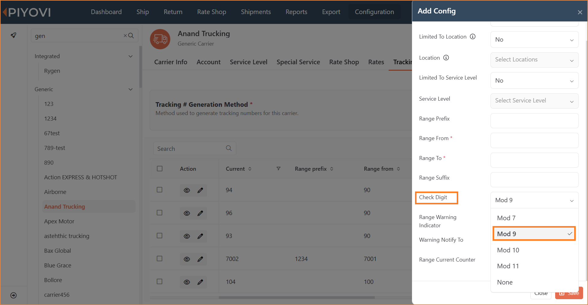 Add Config panel showing Check Digit dropdown with Mod 9 selected.png