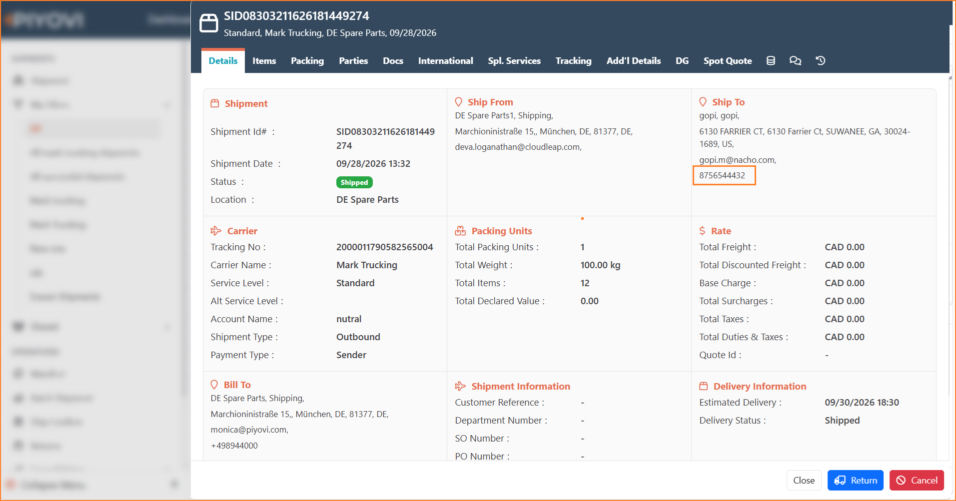 Shipment details page with the location's default phone number highlighted in the Ship To section