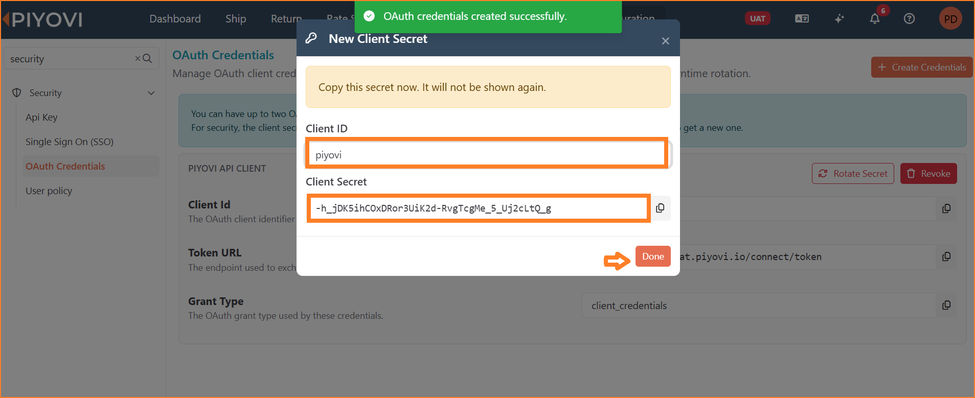 New Client Secret modal displaying the generated Client ID and Client Secret.png