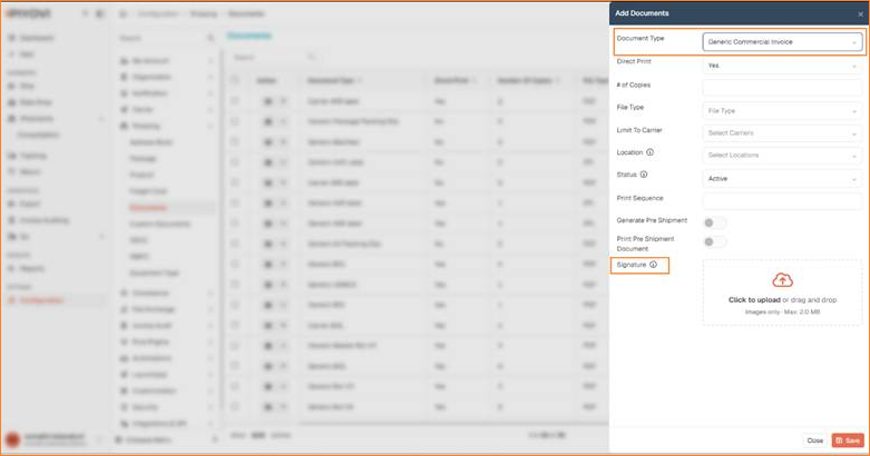 Add Documents panel with Document Type set to Generic Commercial Invoice and the Signature upload field highlighted