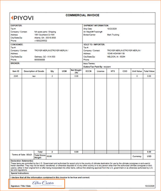 Generic Commercial Invoice with the company signature printed in the Signature line highlighted at the bottom