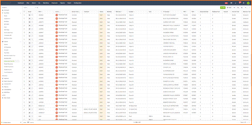 Shipments list showing draft shipments with carrier, status, ship-from, and ship-to columns