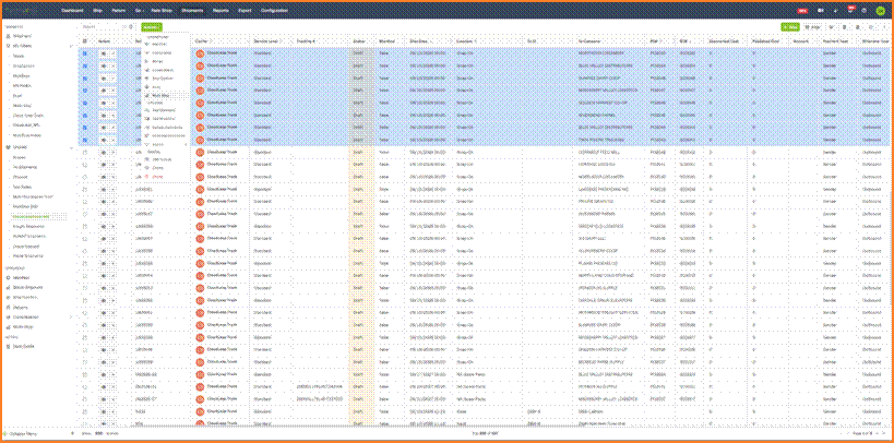 Shipments list with several draft shipments selected and the Actions menu open