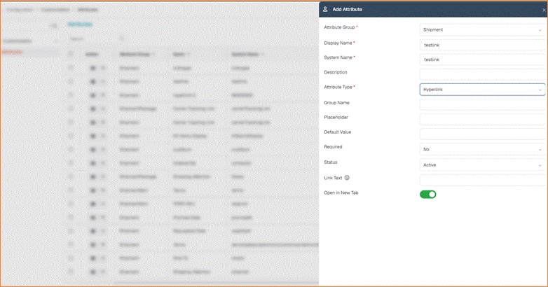 Add Attribute panel with Attribute Type set to Hyperlink, showing the Link Text field and the Open in New Tab toggle turned on