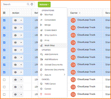 Actions menu open over selected shipments, with Multi-Stop listed under Operations