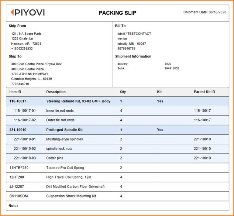 Example packing slip printed in Kit Headers and Child Items layout, listing each kit header row followed by its indented component rows, then standalone items