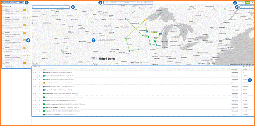 Run builder with numbered callouts 1 to 8 marking the run name, route tools, screen actions, Shipments panel, map, totals, map controls, and stop list