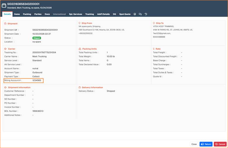 Shipment details on the Details tab with Billing Account # highlighted below Payment Type in the Carrier section