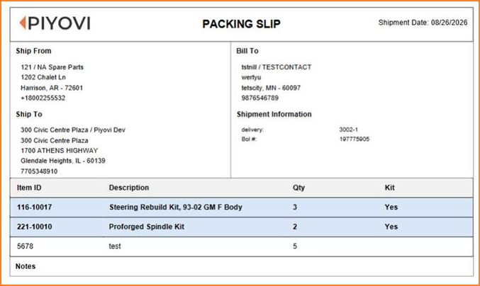 Example packing slip printed in Kit Headers Only layout, listing kit header rows and standalone items with no component rows