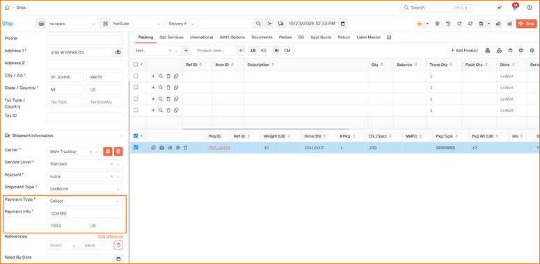 Ship screen Shipment Information section with Payment Type set to Collect and the billing account number entered under Payment info, highlighted