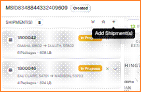 Shipments panel in the run builder with the Add Shipment(s) tooltip on the plus icon