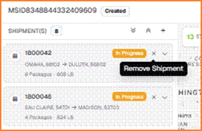 Shipment card in the Shipments panel with the Remove Shipment tooltip on the X icon