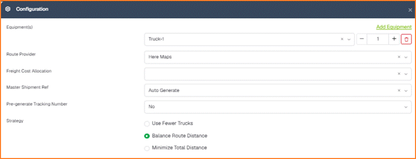 Configuration panel with Equipment(s), Route Provider, Freight Cost Allocation, Master Shipment Ref, Pre-generate Tracking Number, and Strategy set to Balance Route Distance