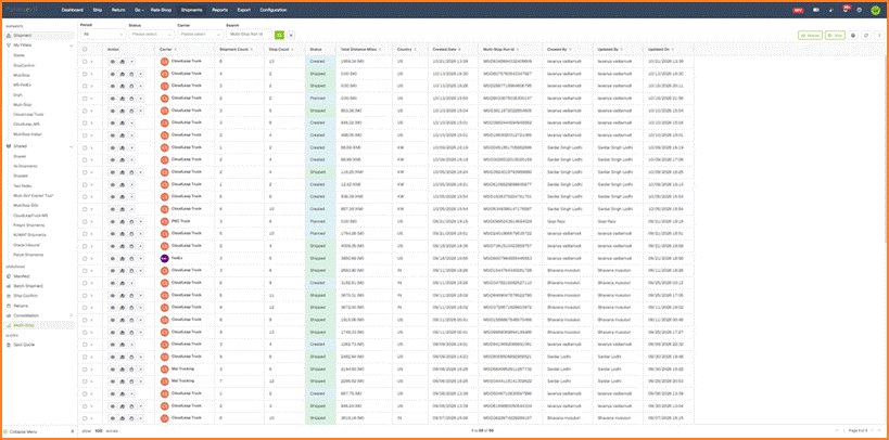 Multi-Stop page listing saved runs with carrier, shipment count, stop count, status, and run ID columns