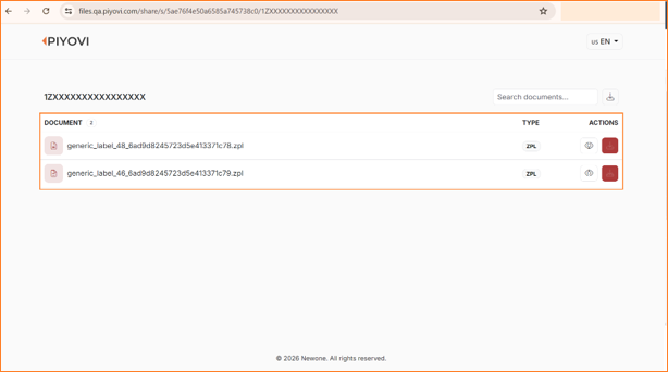Document Share page opened with a tracking number in the URL, listing the shared documents with type and actions