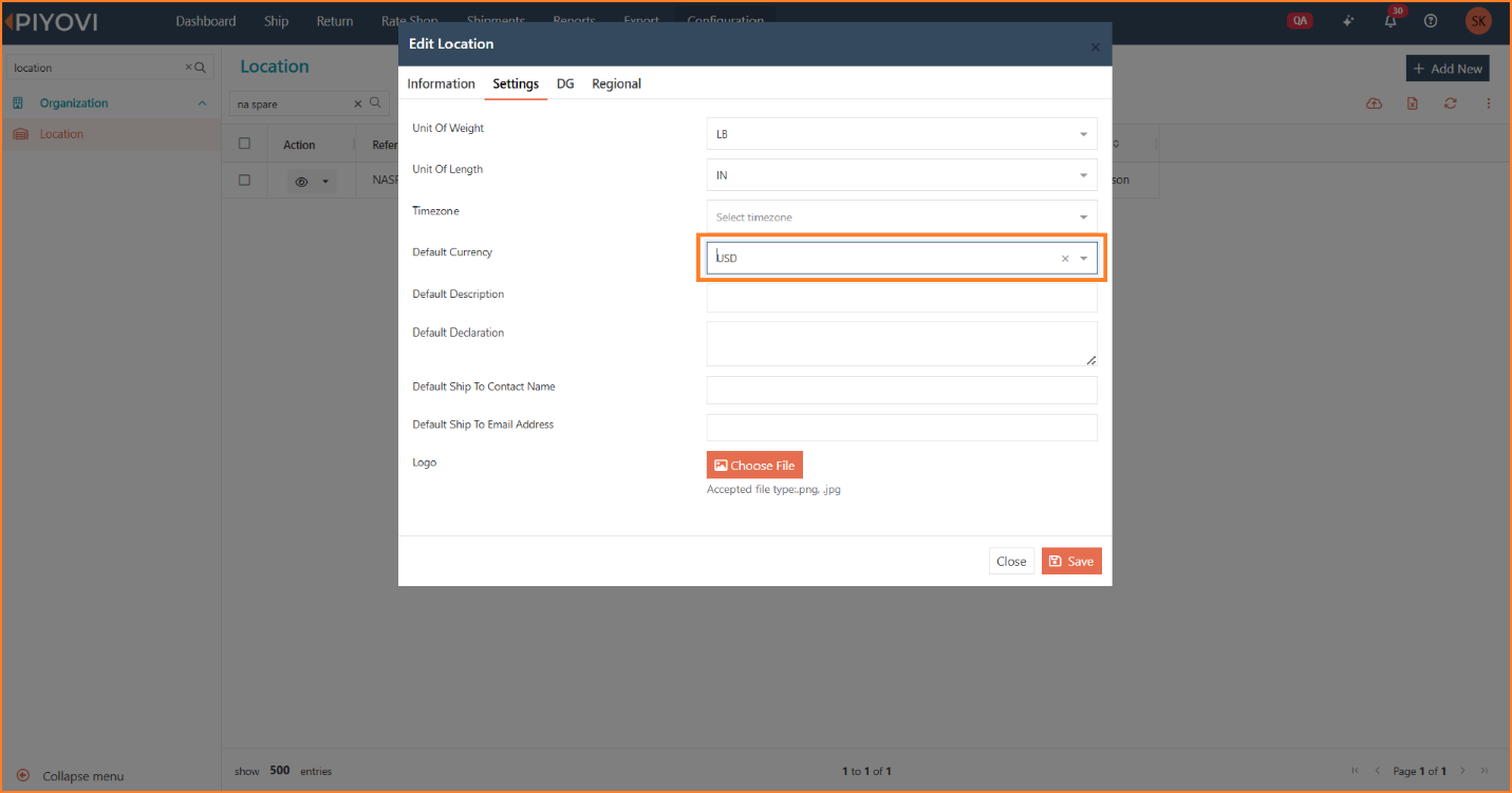 Location Settings tab with Default Currency field highlighted