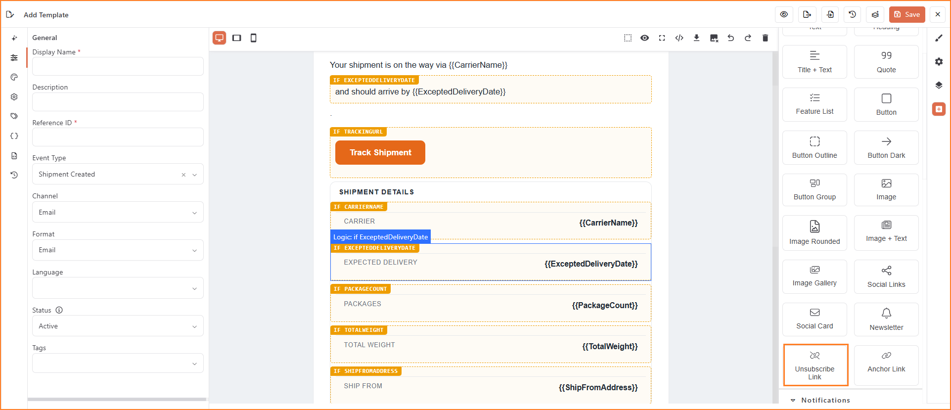 Add Template editor for a Shipment Created email, with the Unsubscribe Link block highlighted in the blocks panel on the right