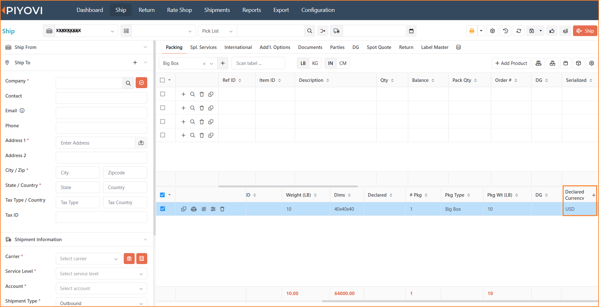 Packing tab with Declared Currency column displaying values per package.png