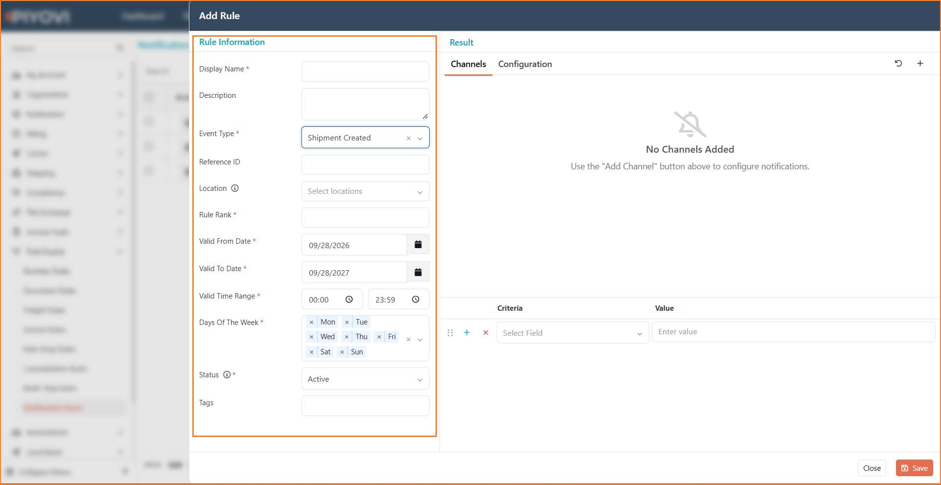 Add Rule dialog with the Rule Information panel highlighted, showing Display Name, Event Type set to Shipment Created, Location, Rule Rank, validity dates, time range, days of the week, Status, and Tags