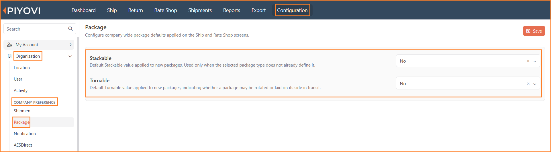 Company Preference Package page under Organization with Stackable and Turnable both set to No