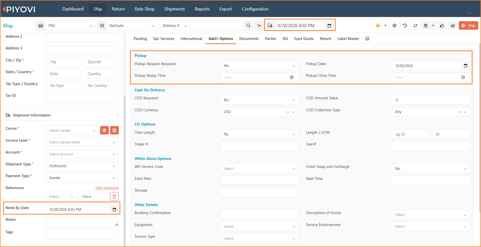 Ship screen with the ship date, the Pickup section on the Add'l. Options tab, and the Need By Date field highlighted
