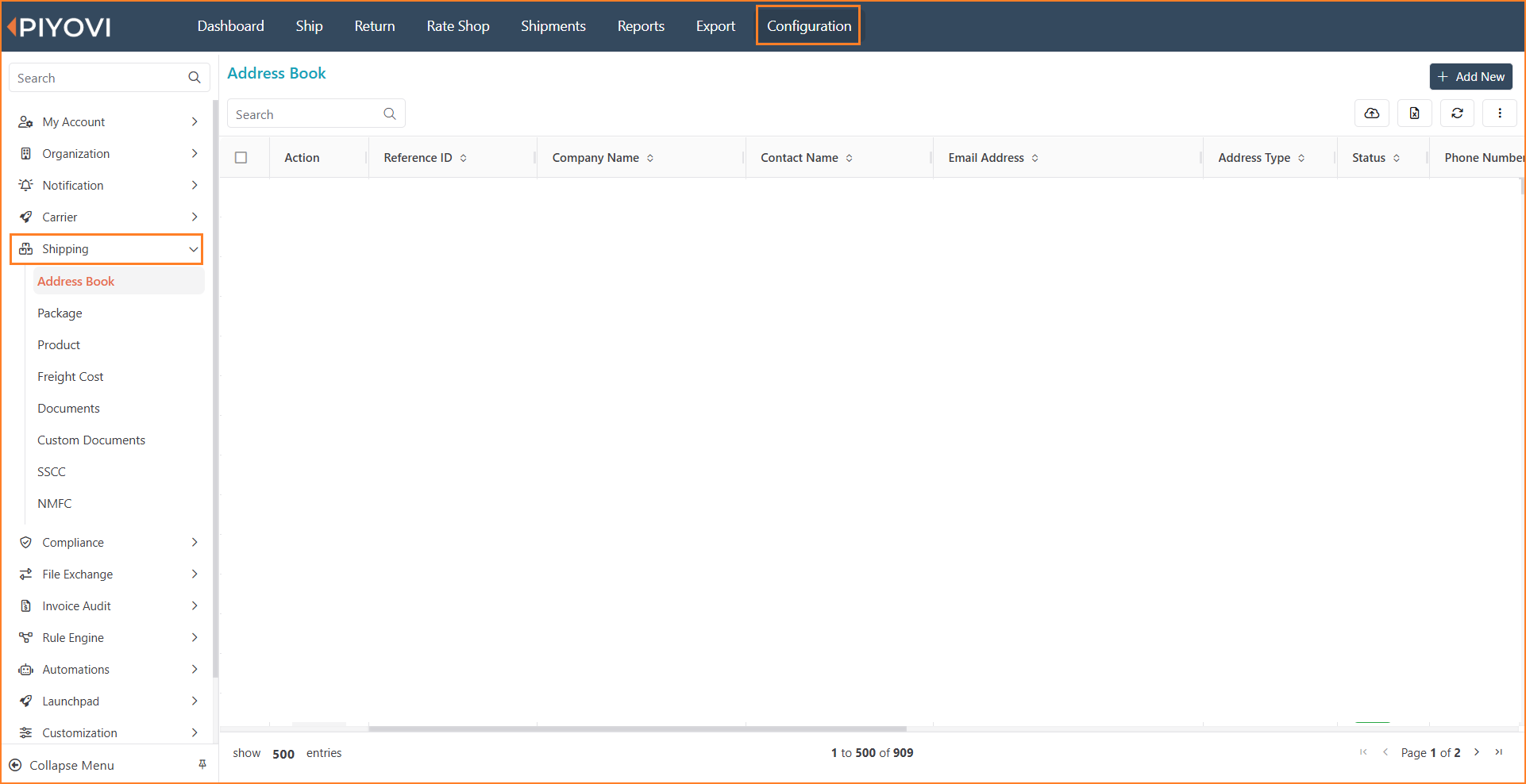 Configuration Shipping section showing the expanded sidebar with Address Book, Package, Product, Freight Cost, Documents, Custom Documents, GS1, and HazMat, and the Address Book list open.png